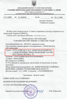 Державна статистика підтвержує, що співзасновником елітного мисливського товариства "Кедр" є С.Б.Тулуб